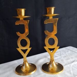 Vintage Brass "Joy" Candleholders, set of 2